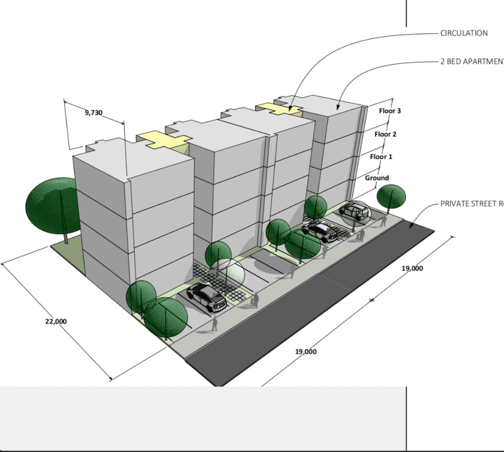 F2A apartment 3D buildings with circulation cores and 2-bedroom units across four floors