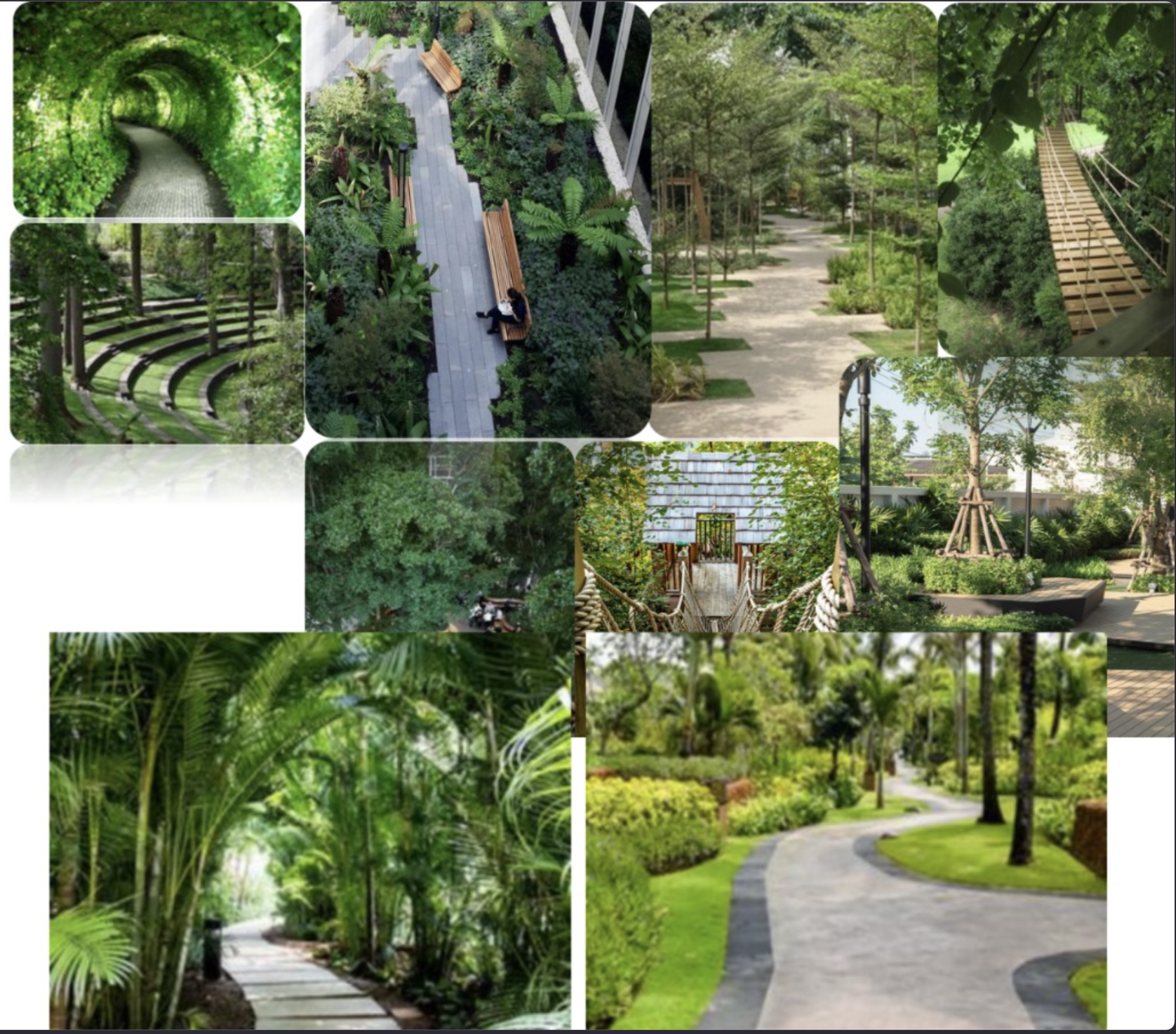 Collage of landscaped pathways, parks and pedestrian walkways for the green network