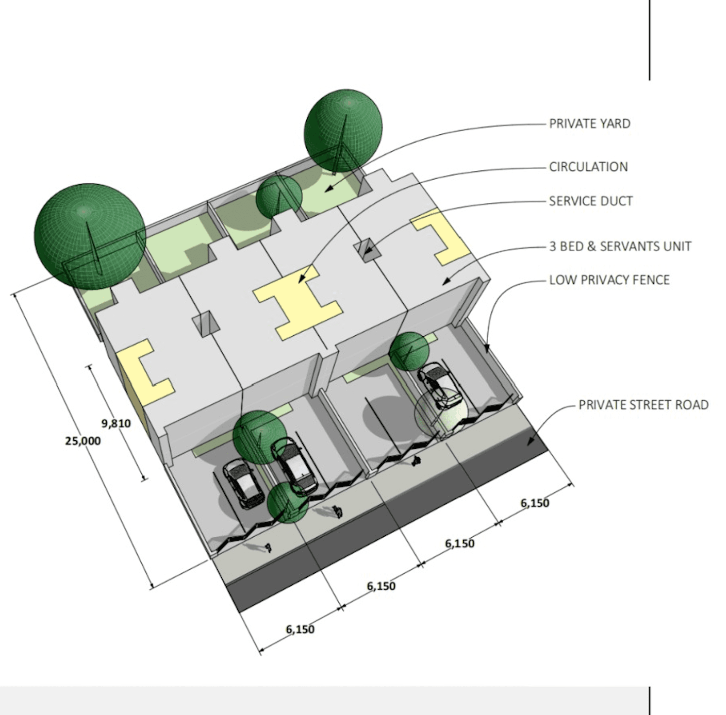 Housing Type 3 T4 row housing 3D massing with private yards and street access