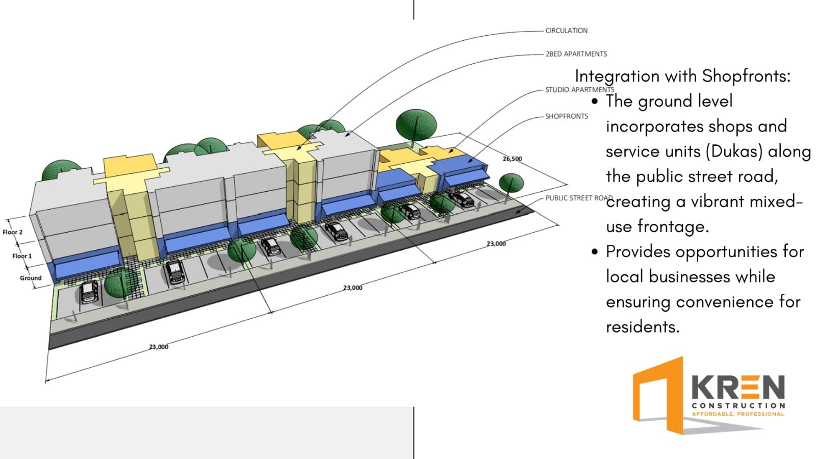 Shopfront integration with apartment block, public street and parking