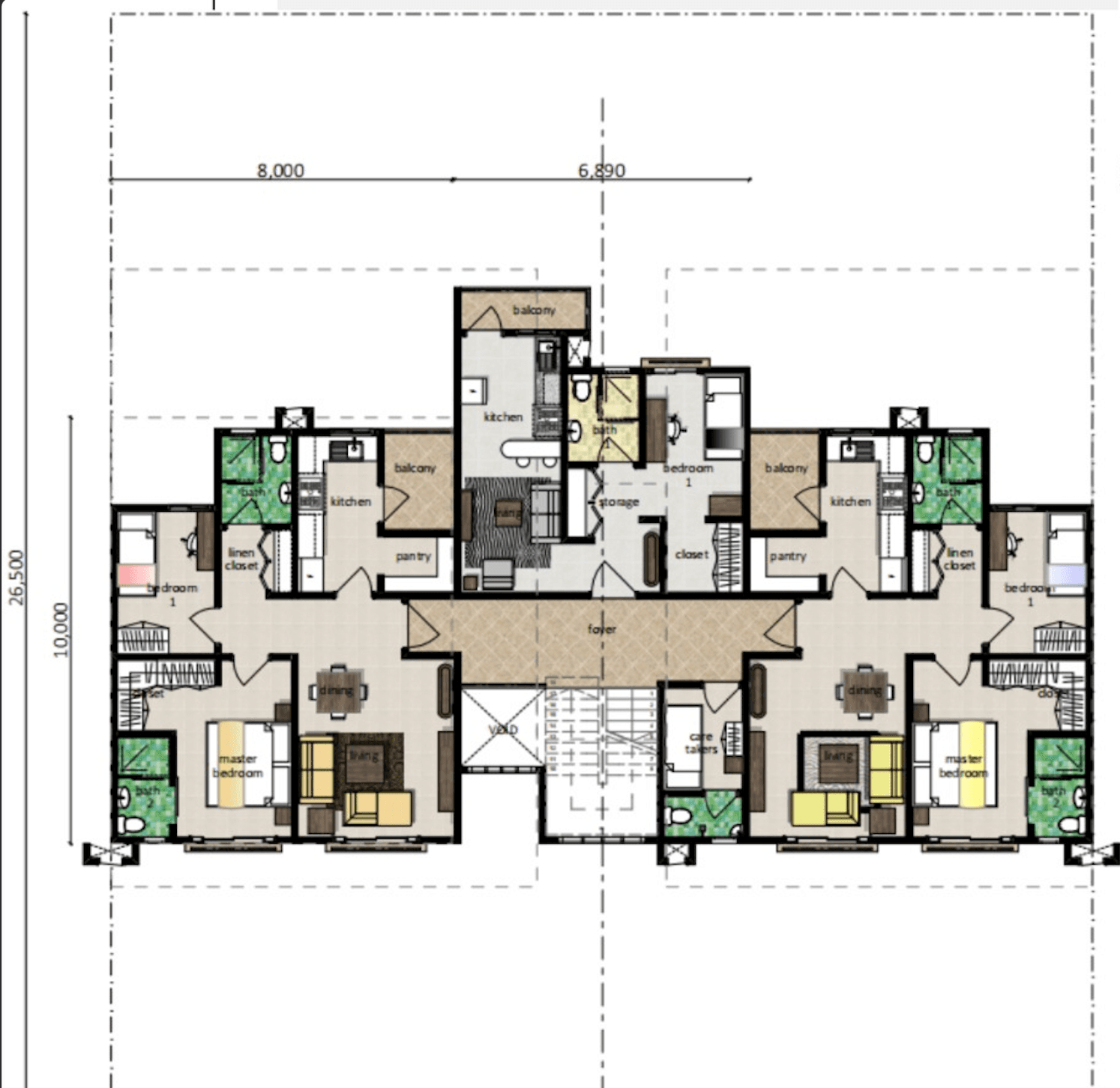 Two-bedroom apartment and studio apartment full floor plan with care taker's unit