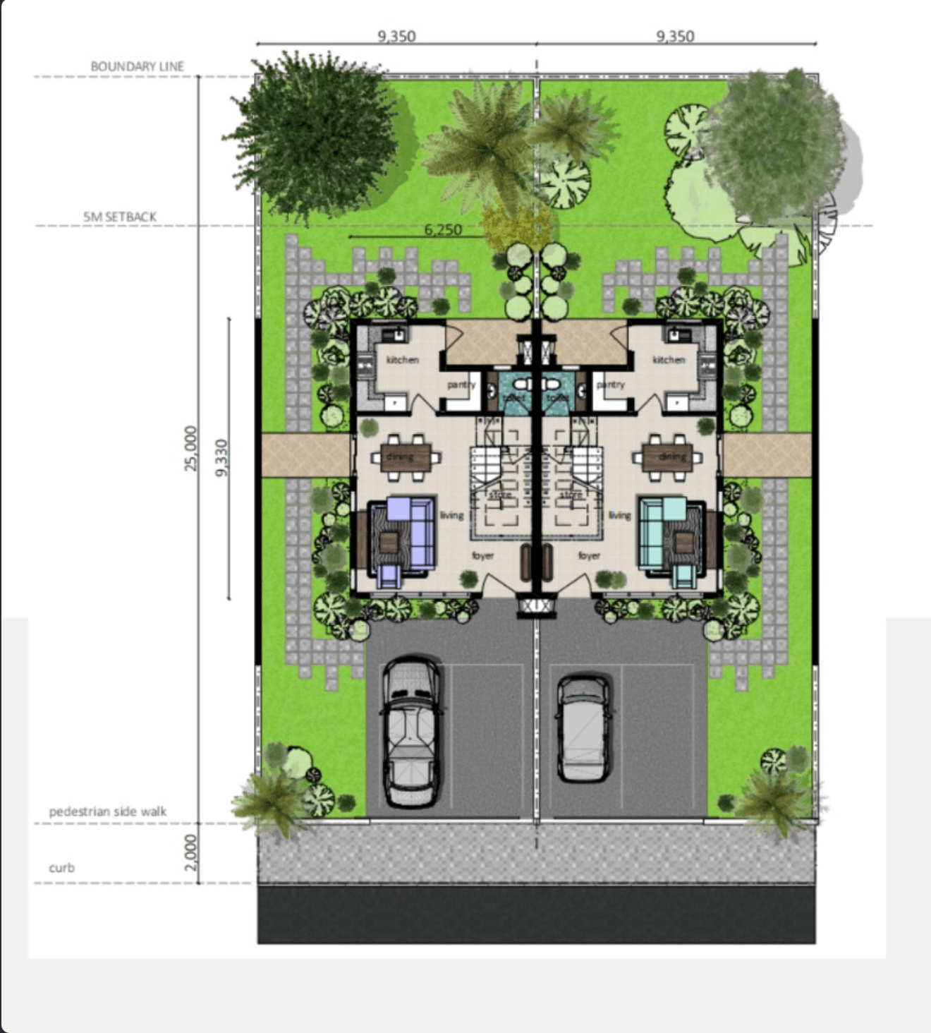 Type 1 semi-detached house site plan with paired units, gardens and parking