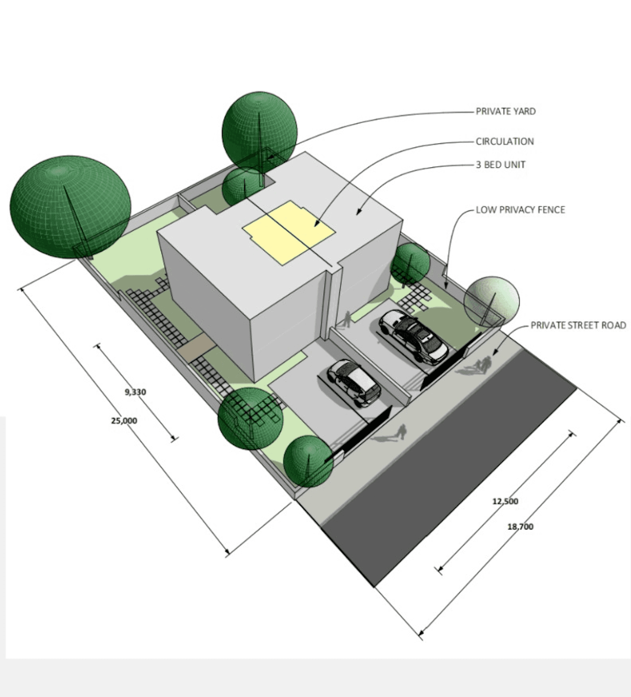 Type 1 T3B semi-detached home 3D massing with private yard, circulation and low privacy fence