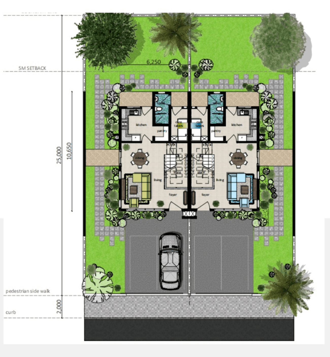 Type 2 T3C semi-detached home site plan with garden, foyer and parking