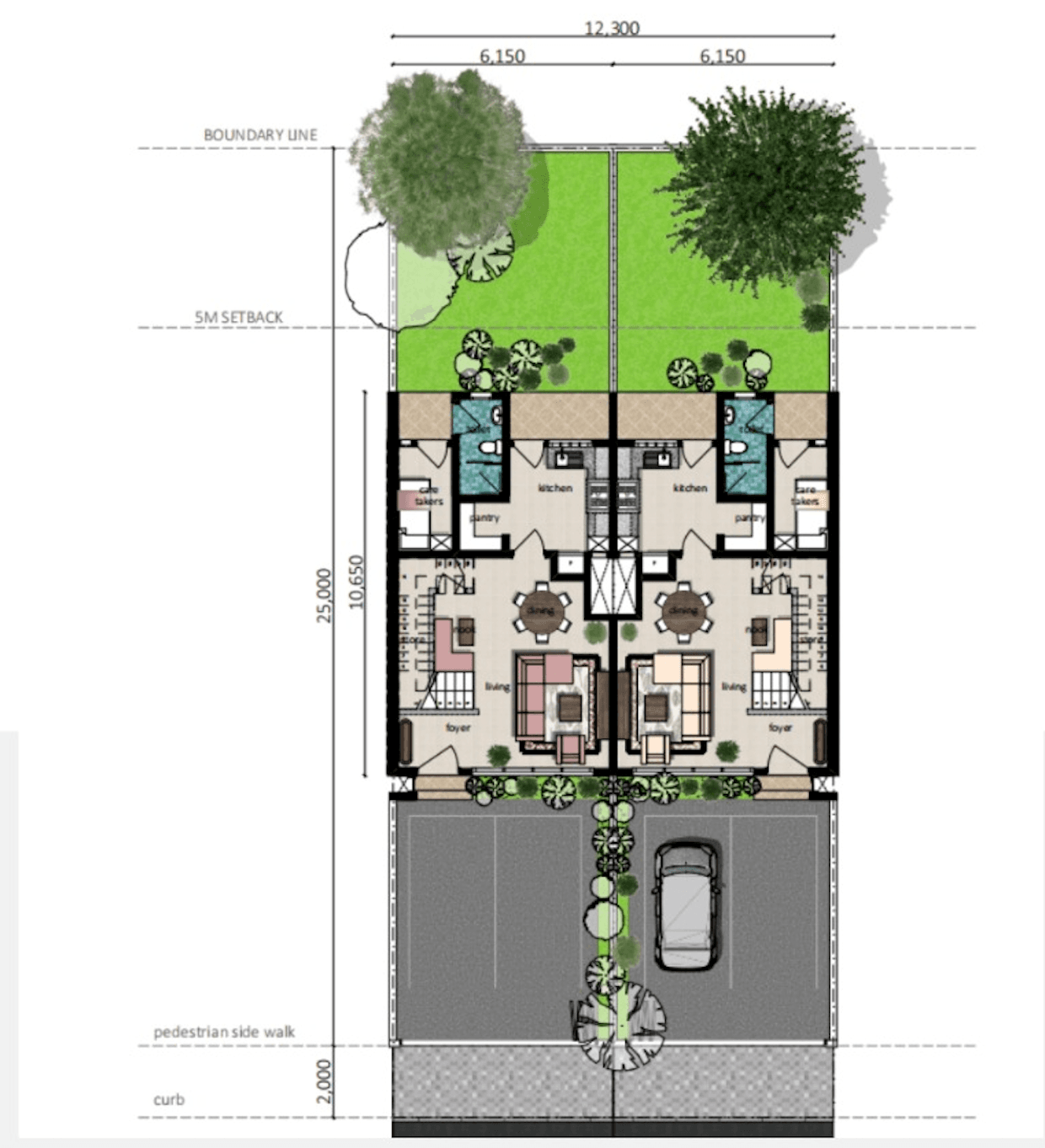Type 3 T4 row housing ground floor plan with paired units and central garden