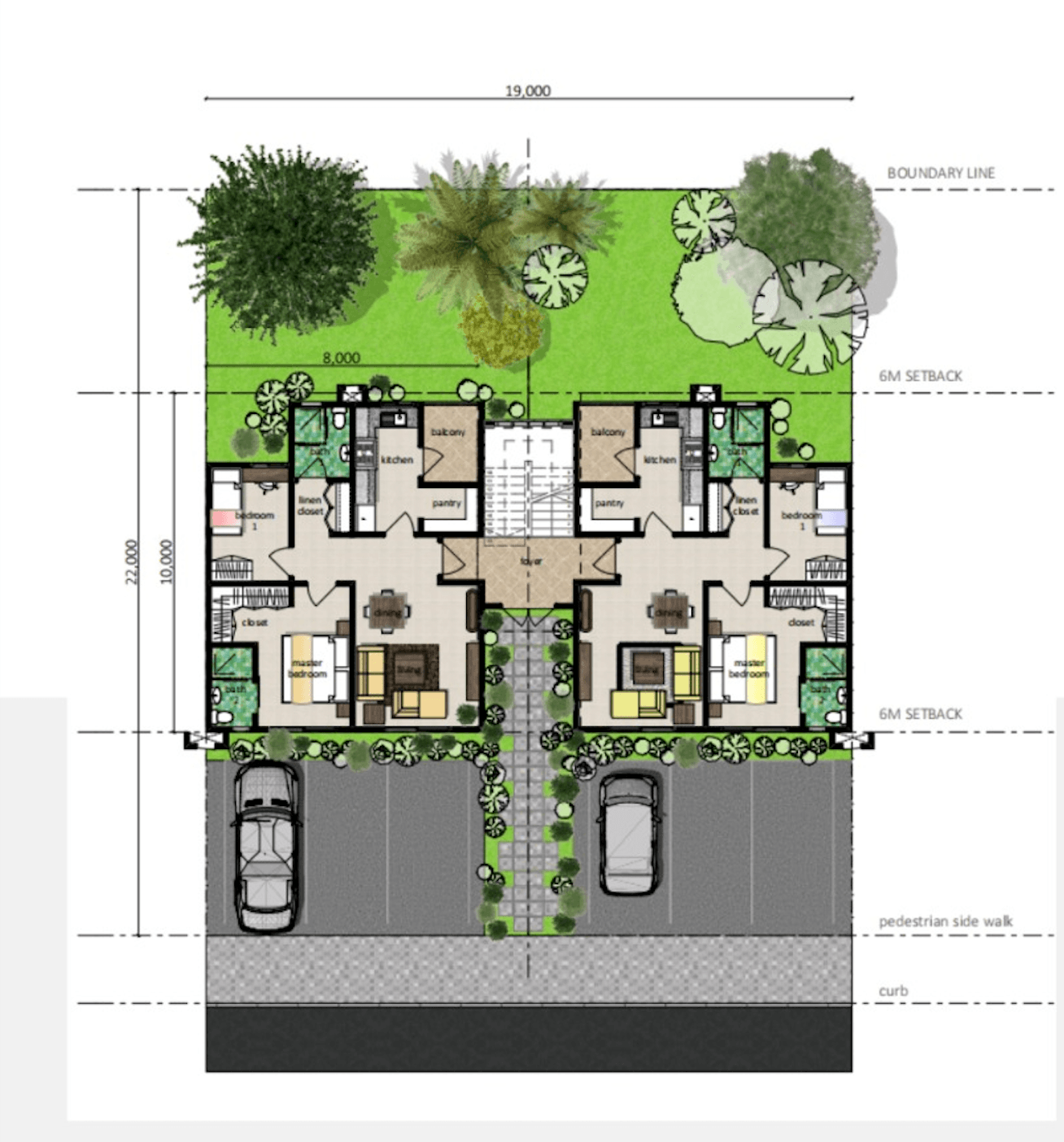 Type 4 F2A apartment ground floor plan with paired 2-bedroom units, garden and parking