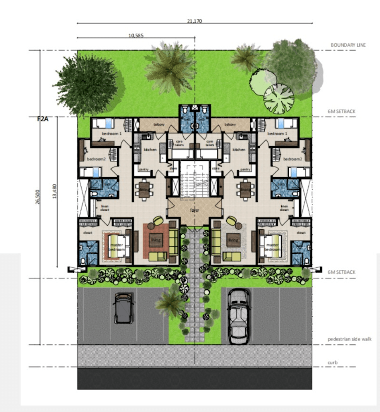 Type 5 F2A four-level apartment plan with paired units, balconies and parking