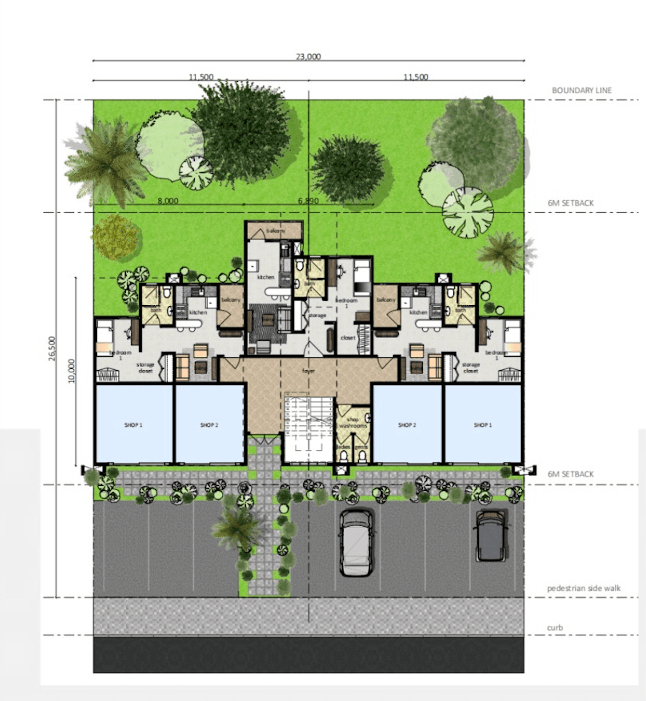 Type 6 and 7 apartment and studio mixed-use plan with shops at ground level