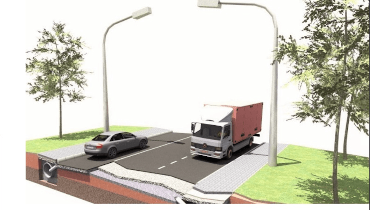 Tree-lined primary boulevard with vehicles, sidewalks and street lighting